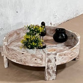 Indian Antique Carved Solid Wooden Grinder Coffee Table Whitewash